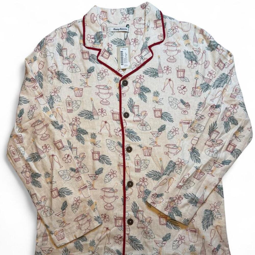 Tommy Bahama cream pajama top with red and green holiday-themed illustrations si